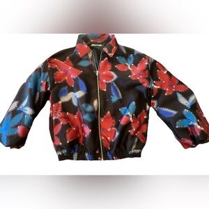 LAAGAM Barcelona Bomber Jacket L  40 Floral Prt Zip Elastic Hem Artsy Indie Boho